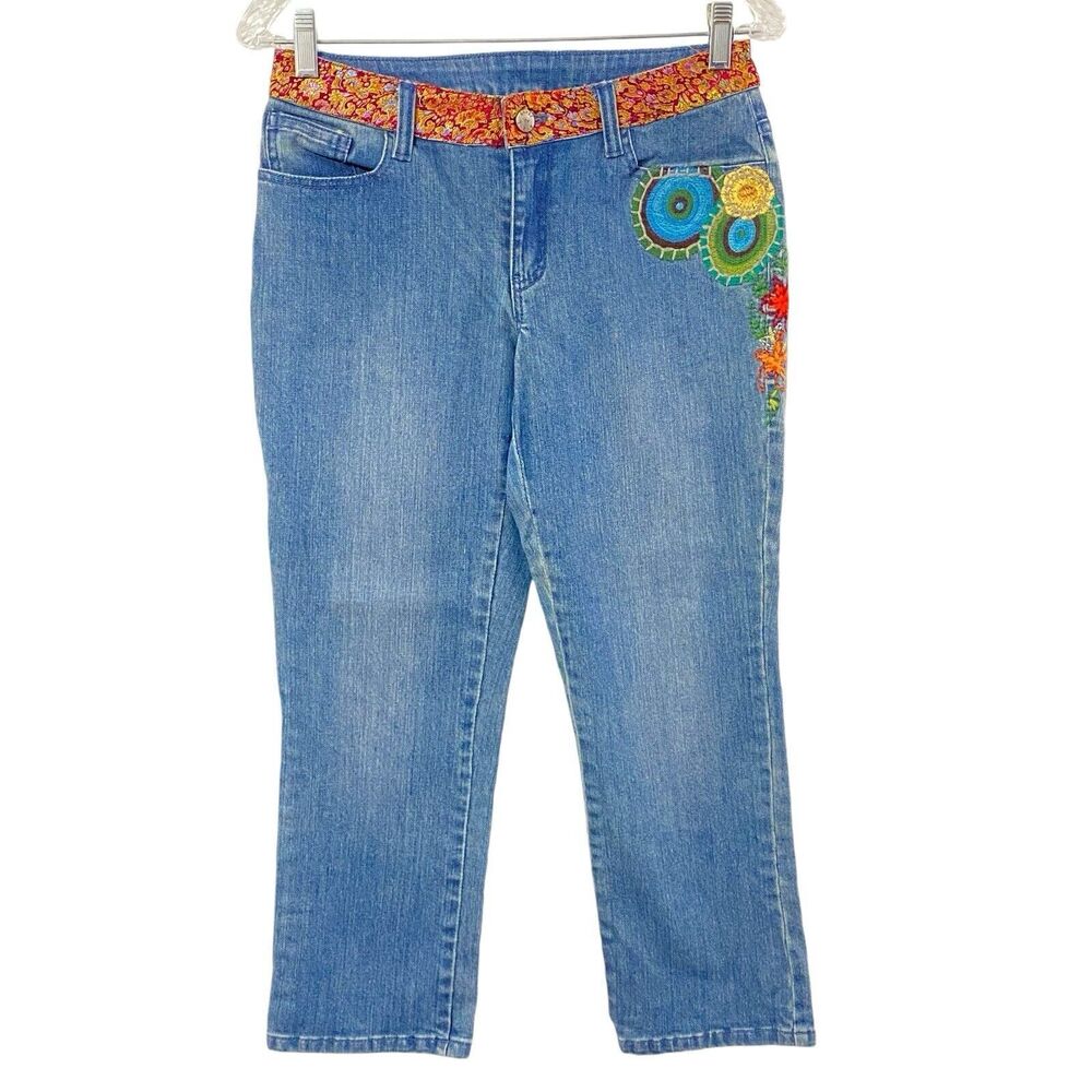 AZI Jeans Floral 4 Embroidered 28" waist Jeans Boho Capri Stretch TAPESTRY WAIST